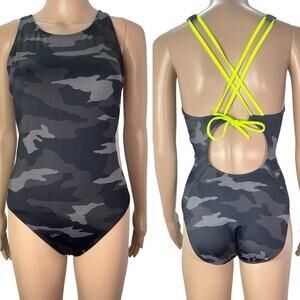 New Athleta Freestyle Camo Black Grey One Piece Bathing Suit